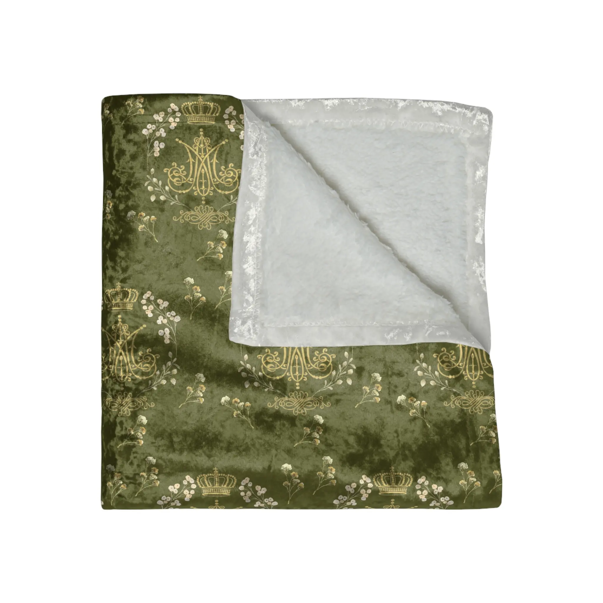 Crushed Velvet Blanket — Olive Green Vintage Floral Velour Throw