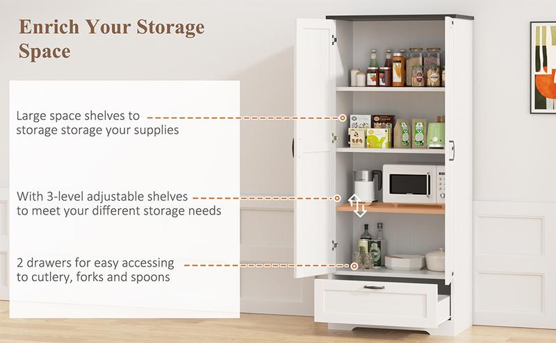 Walsunny Kitchen Pantry Cabinet, 65" Tall Storage Cabinet with Adjustable Shelves & Barn Doors, Freestanding Kitchen Cupboard for Dining Room, Living Room