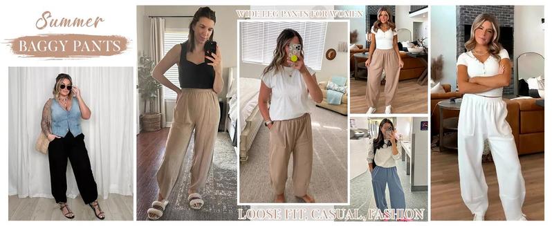 Tanming Women’s Harem Barrel Wide Leg Pants Elastic Waist Baggy Loose Fit Casual Jogger Sweatpants with Pockets Beach Street Coffee Teacher Outfits