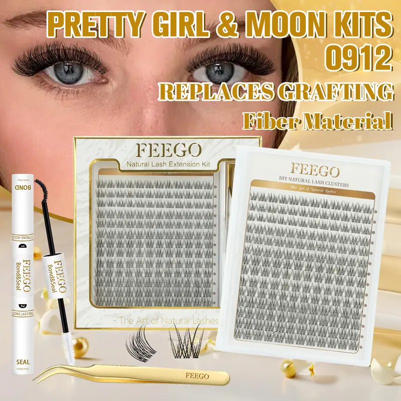 FEEGO Cosmetic Natural Lash Cluster Kit, 168Pcs D Curl 9-12MM Wispy Thin Band Individual Lashes for DIY Eyelash Extensions with Remover