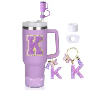 6count Cup Accessories Set for Stanley Cup 30oz 40oz tumbler with handle, Including Silicone Straw Topper Cover Cap and Boot, Spill Proof Stopper, Handle Charm, Initials Sticker (Letter K)