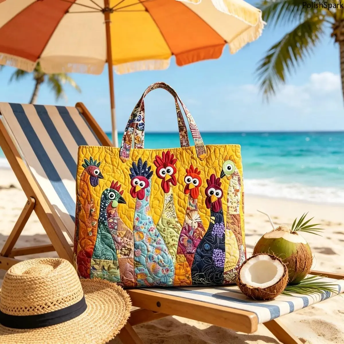 Whimsical Cartoon Chicken Quilted Tote Bag – Patterned Large-Capacity Patchwork Canvas Shoulder Bag with Colorful Quirky Applique for Summer Beach Travel, Sports & Outdoor Gym Handbag, Patterned Bag, Tote Bags tiktokshopbacktoschool
