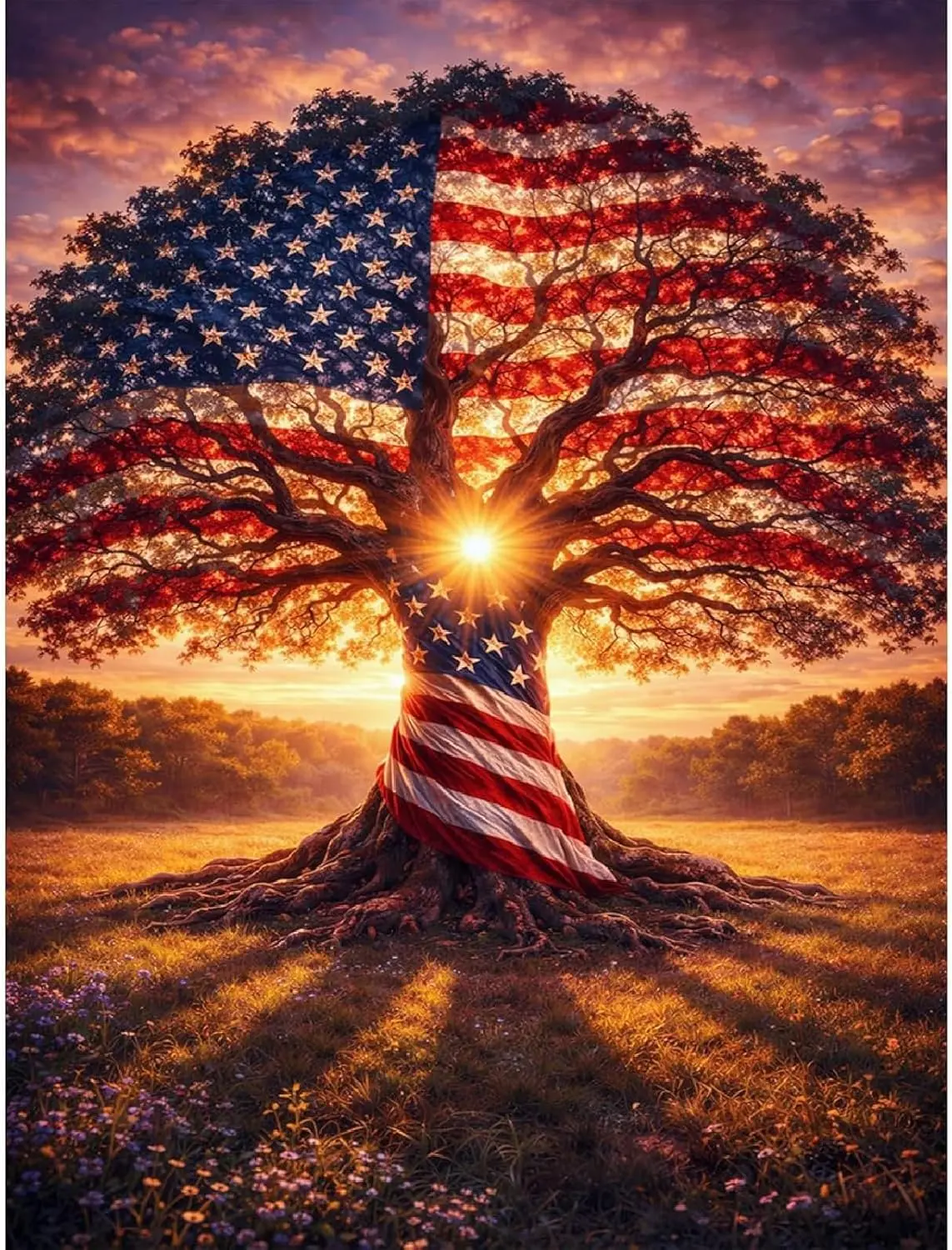 5D Diamond Painting American Flag Pattern Old Tree Sunset Nature Scenery Crystal Rhinestone Canvas Art Patriotic Home Wall Decor Gift