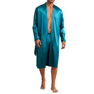 Men's Simple Style Casual Pajamas Sets, Men's Comfy Solid Robe, Elegant Lace Up Robe & Loose Shorts Home Pajamas Setswomen's clothing