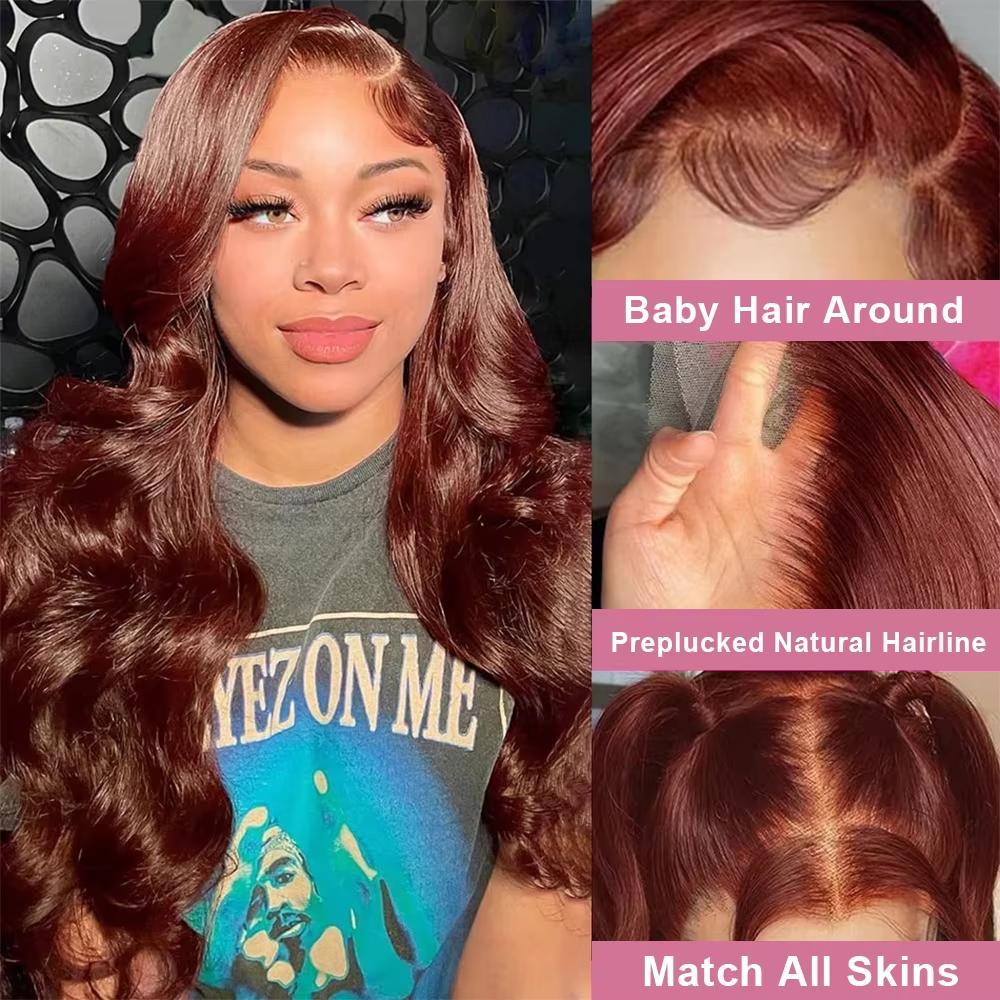 Bling Hair 34inch Reddish Brown Body Wave Pre Plucked 13x4 13x6 Hd Lace Frontal Human Hair Wig Brazilian Wavy Color Wig for Black Women with Baby Hair 34inch TikTokShopHolidayHaul