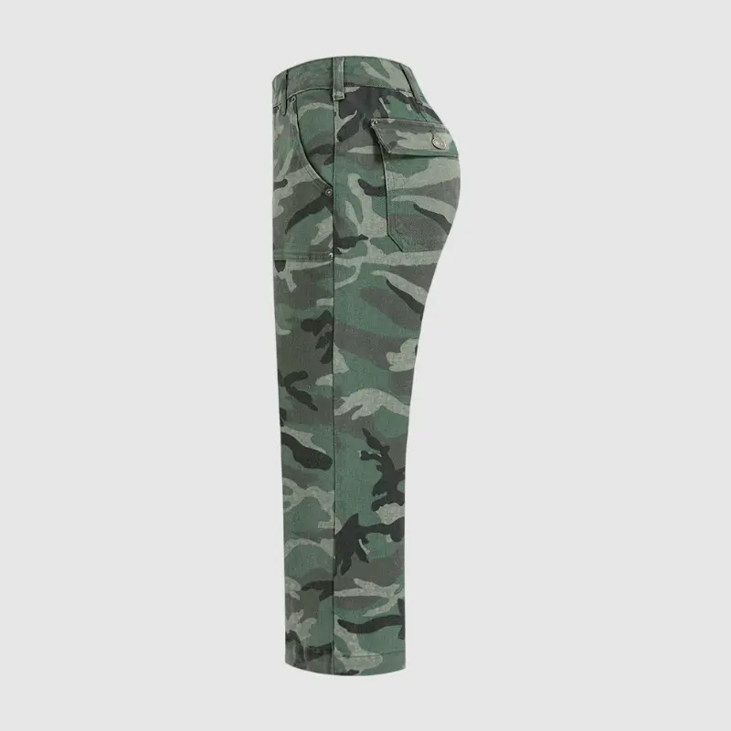 Flamingals Stretchy Camo Print Mid Waist Straight Leg Capri Pants Without Belt