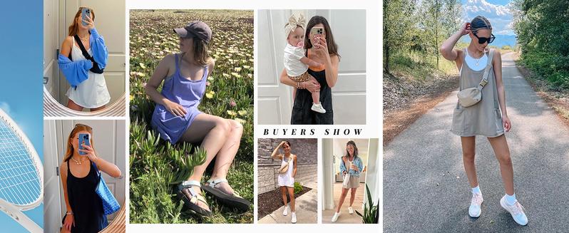 Mundoven Women's Athletic Sleeveless Mini Dress with Built-in Shorts Summer V Neck Spaghetti Strap Short Spring Tennis Dress with Pockets