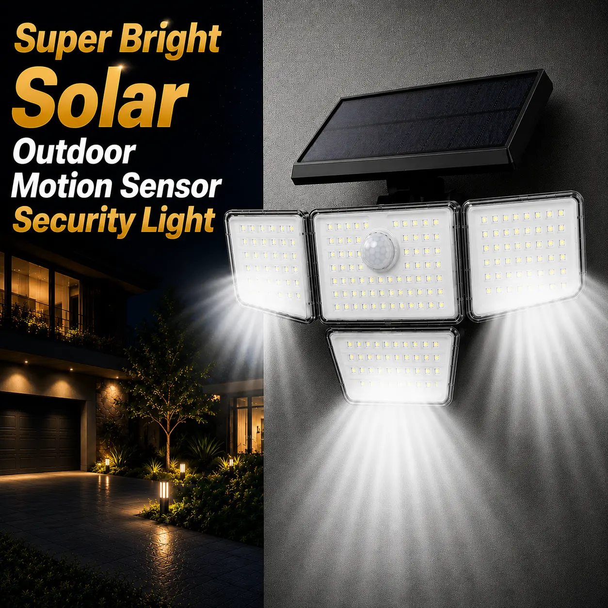 Solar Motion Sensor Security Light, 3000LM 212LED Super Bright Flood Light, 4 Adjustable Heads, 3 Lighting Modes, IP65 Waterproof, Remote Control for Yard Garage Garden Patio Driveway, Outdoor Wall Lights, Water Resistant