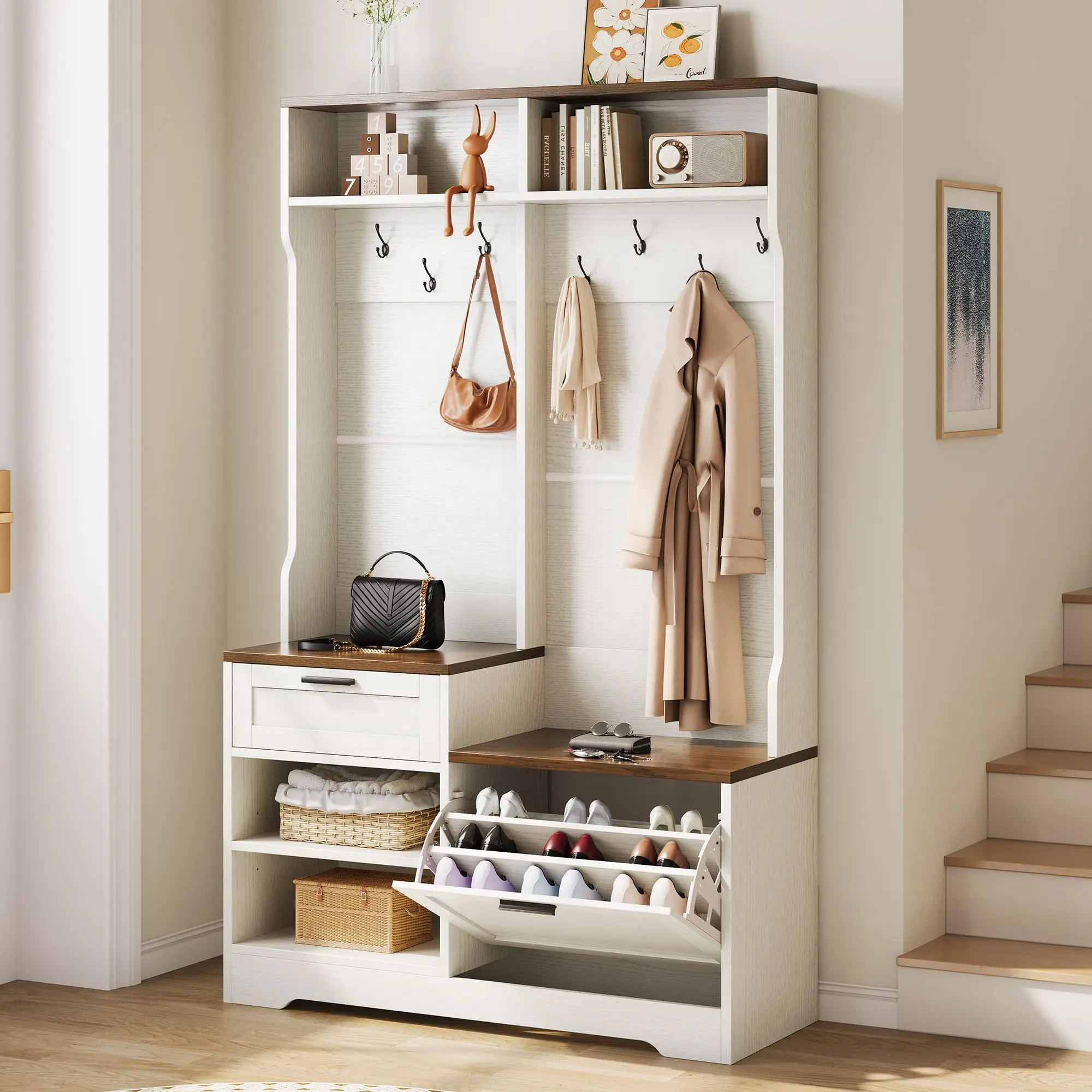 6-in-1 MDF Wood Hall Tree with Bench, Shoe Rack Cabinet, Entryway Storage Cabinet, Farmhouse Sideboard Floor Standing Unit, 43.3"x15.75"x70.87" Embossed White Walnut Grain Finish, for Entryway, Bedroom, Entryway Storage Cabinets