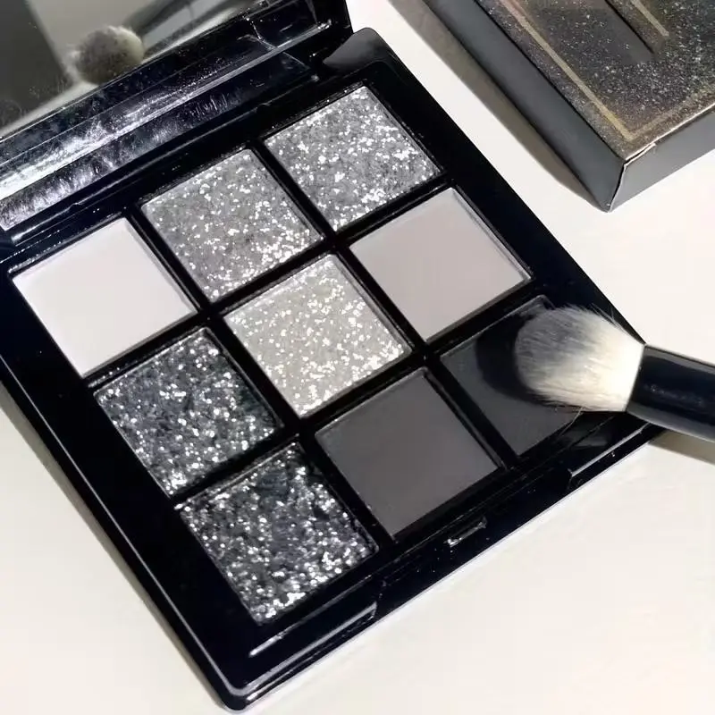 Black and gray smoky 9-color, Shimmering Cosmetic Eyeshadow palette - gray and silver metallic matte finish, gothic cement tones, for eye makeup, finely milled and non-falling powder, suitable for music festivals, parties, Eye Makeup Product