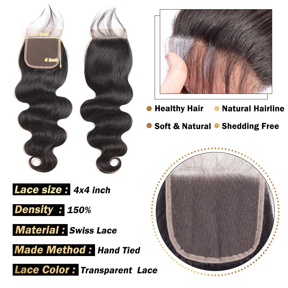 Ramiss 12A Human Hair Bundles with 2x6 Closure Brazilian Body Wave 3 Bundles Human Hair with 2x6 4x4 Lace Closure 100% Unprocessed Virgin Human Hair Weave