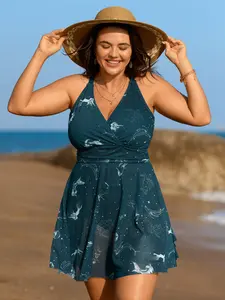 【Summer Turn-Up】【Tummy control】BlOOMCHIC Plus Size Ocean Pattern Mesh Surplice Swim Dress [M-6X] 2026 Summer Pick for Mother's Day