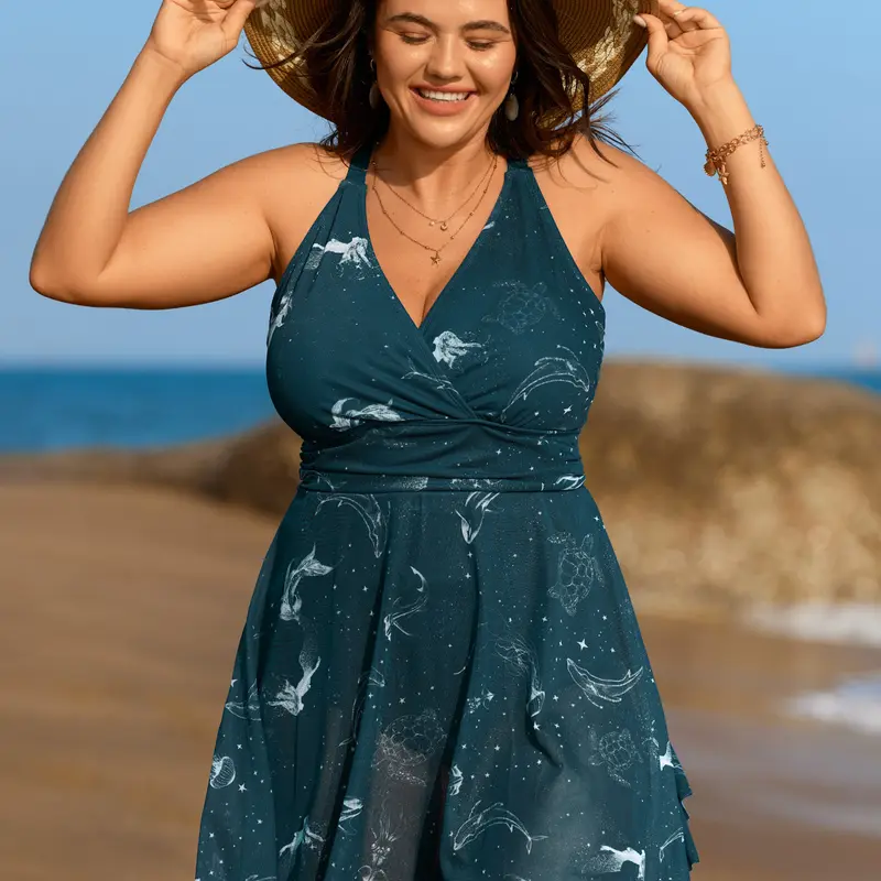 BloomChic Ocean Pattern Mesh Surplice Swim Dress 【M-6XL】