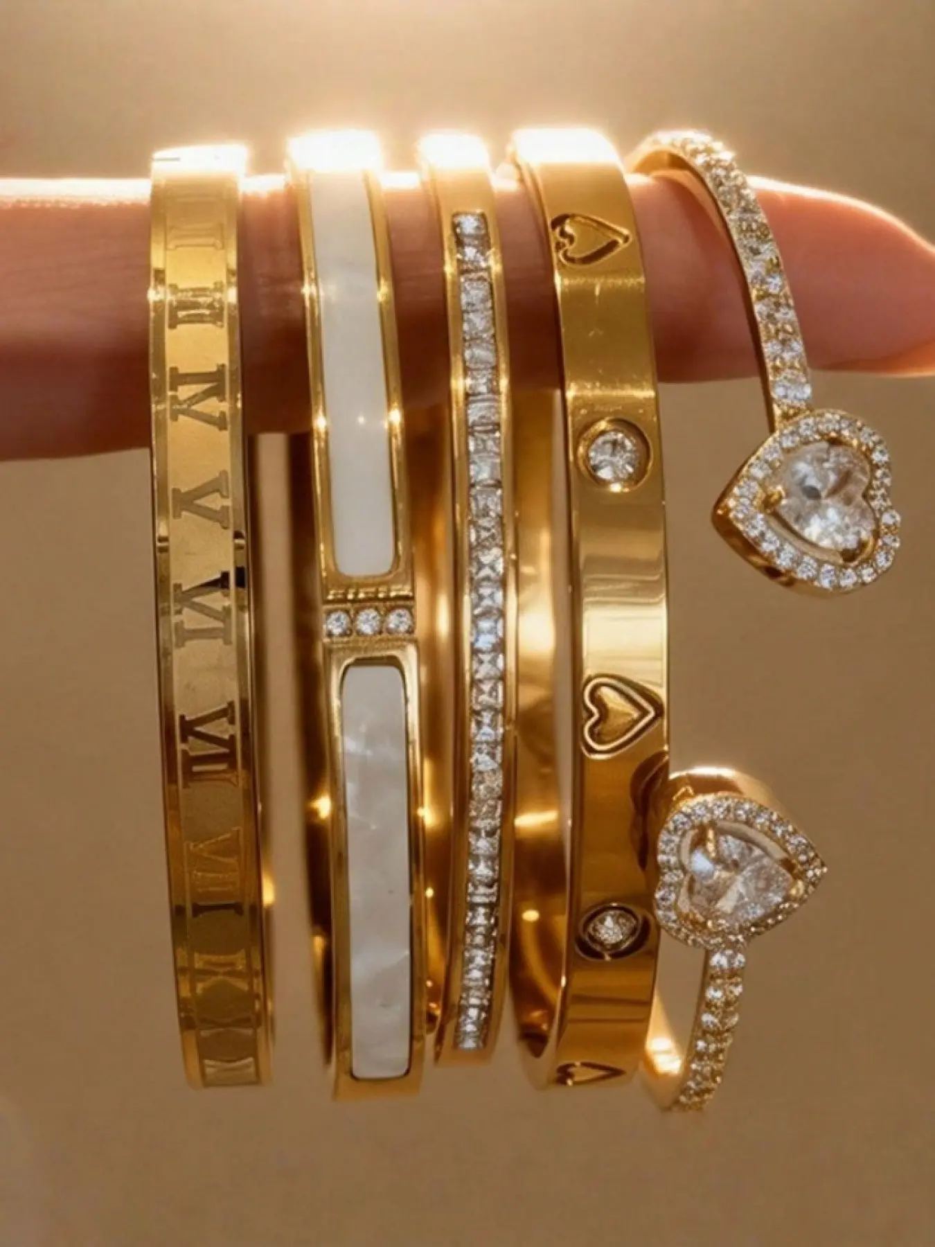 5-Piece 18K Gold-Plated Stackable Bracelet Set, Roman Numerals, Cubic Zirconia, Heart Designs, Hypoallergenic Stainless Steel Jewelry for Women