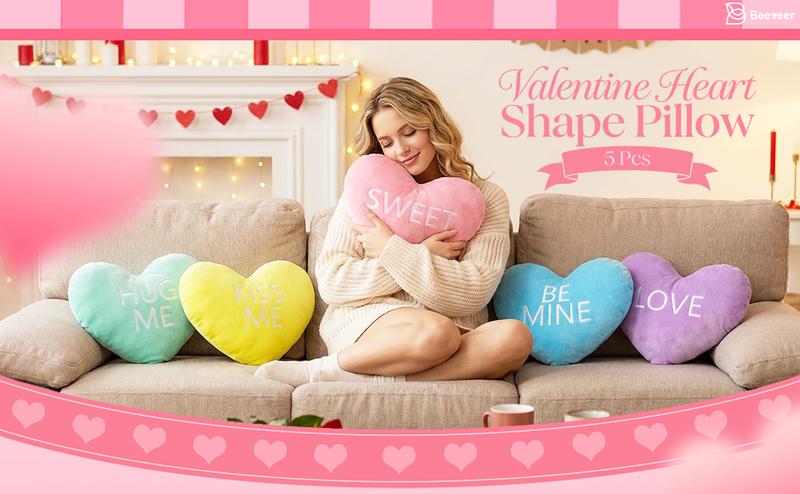 Valentines Pillows Gift 5 Pcs Heart Pillows with Love Letter Cute Plush Pillows Heart Shape Pillow Soft Throw Pillow with Romantic Atmosphere Conversation Gift for Couple Valentine's Day Party Anniversaries Dates for Home Living Sofa Bed Room Car Office