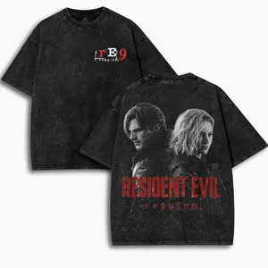 Resident Evil Re9 Remake v1 Hoodie & T-Shirt Leon & Grace Ashcroft, Vintage Acid Wash Apparel, Survival Horror Game Merch, Gold Poster Pullover, Unisex Cotton Top