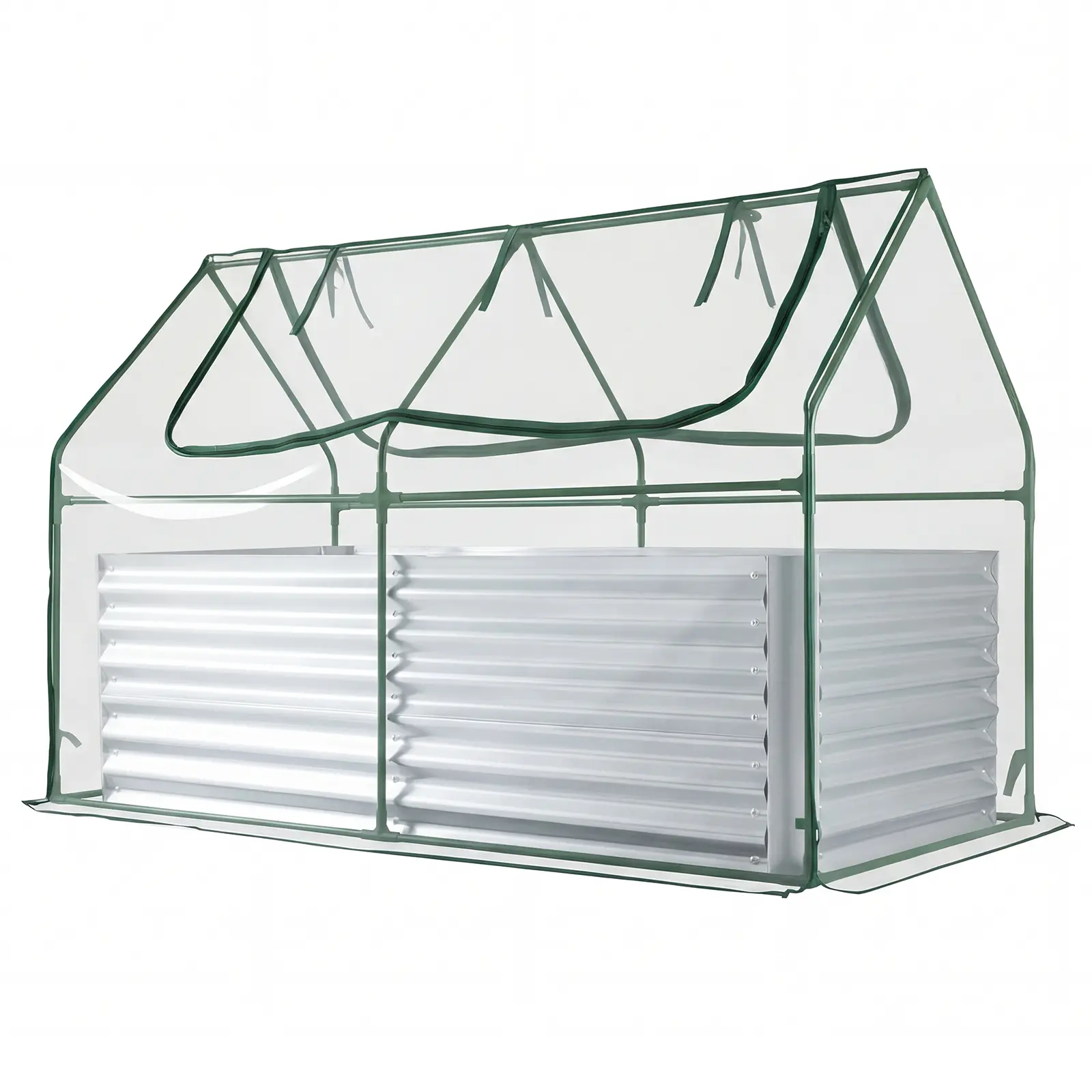 COSTWAY 3-in-1 Raised Garden Bed with Greenhouse Cover, Galvanized Metal Planter Box Kit with Dual Roll-Up Screen Windows, Open Bottom, Outdoor Mini Greenhouse for Vegetables, Flowers & Herbs
