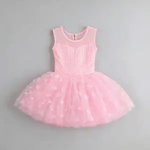 Girls' Romantic Pink Ballet Tutu Dress - Cowl Neck, Sequin Bodice, 3D Petal Tulle, Sheer, Above Knee, Back Keyhole Closure, 2-3t, 4-5t, 6-8y, Sleeveless Top Design, Birthday Party Wear