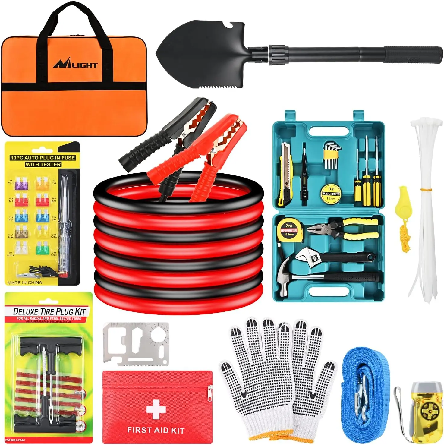 Nilight Car Emergency Kit with Jumper Cables, Air Compressor, Tire Repair Kit, First Aid Supplies, Alligator Connectors & Automotive Maintenance Tools for Outdoor Hiking, Cycling (Ideal for Cars, Trucks; Father's Day Gift)