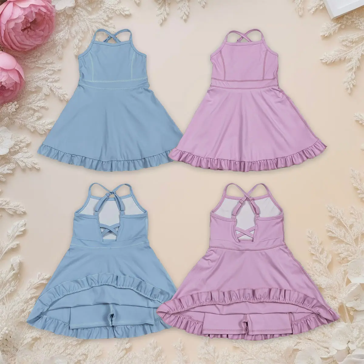 Girls' Fitted Quick-Dry Athletic Tennis Dress - Adjustable Straps, Ruffle Hem, Built-in Shorts, Running/Dancing Activewear Skirt for Summer Sports, Skirts