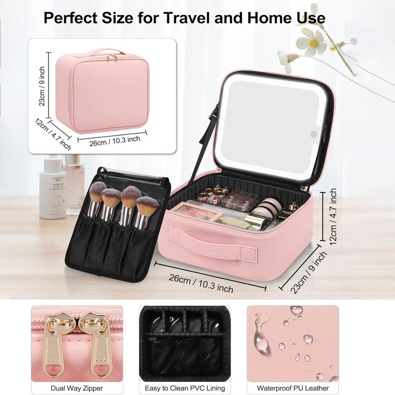 Smart LED Makeup Bag with Mirror - 3 Color Lights Waterproof PU Leather, Detachable Compartments, Travel Compact Case Smart LED Makeup Bag with Mirror - 3 Color Lights Waterproof PU Leather, Detachable Compartments, Travel Compact Case