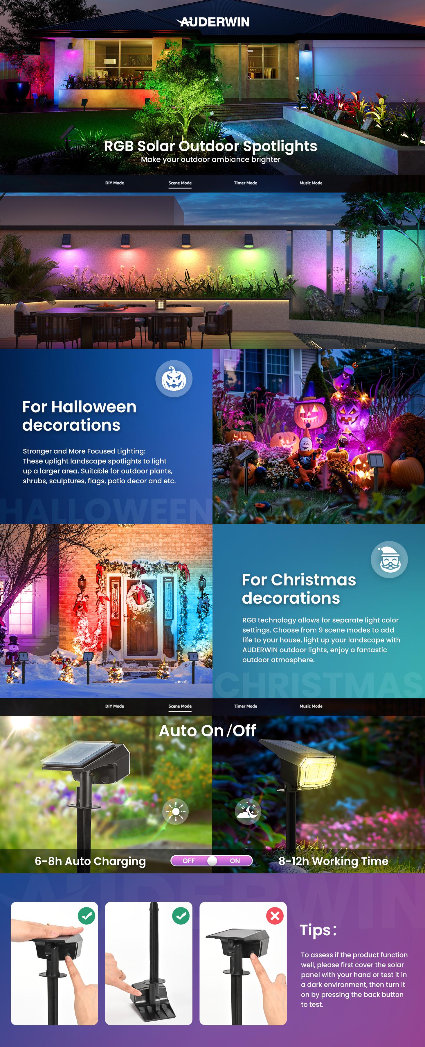 Solar Spot Lights Outdoor for Halloween&Christmas, 9 Lighting Modes RGB, Solar Lights Outdoor Waterproof IP65, 63 LED Landscape Spotlights for Halloween Christmas Decorations solar walllight solarlights of