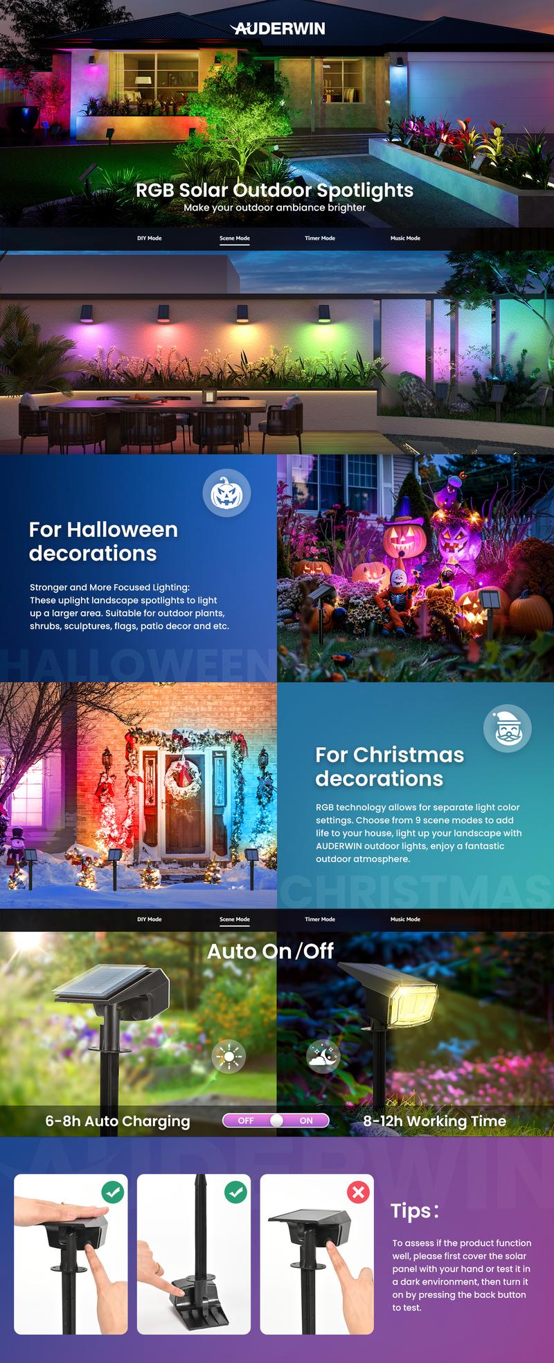 Solar Spot Lights Outdoor for Halloween&Christmas, 9 Lighting Modes RGB, Solar Lights Outdoor Waterproof IP65, 63 LED Landscape Spotlights for Halloween Christmas Decorations solar walllight solarlights of