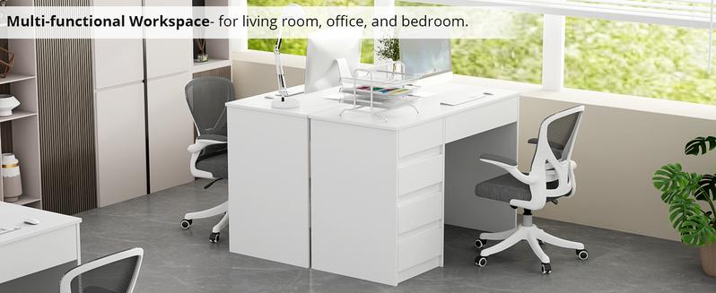 VOWNER Computer Desk with 5 File Drawers Cabinet 43 Inch Home Office Desk with Storage Shelves Work from Home Modern Work Writing Study Table for Bedroom White Black