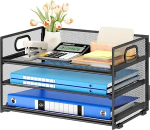 Subekyu 3 Tier Paper Letter Tray Organizer for Desk, Black Metal Mesh Desk File Folder Sorter Organizer with Handle and Sliding Tray for Home, Office, School Supplies Organization Storage SUBEKYU