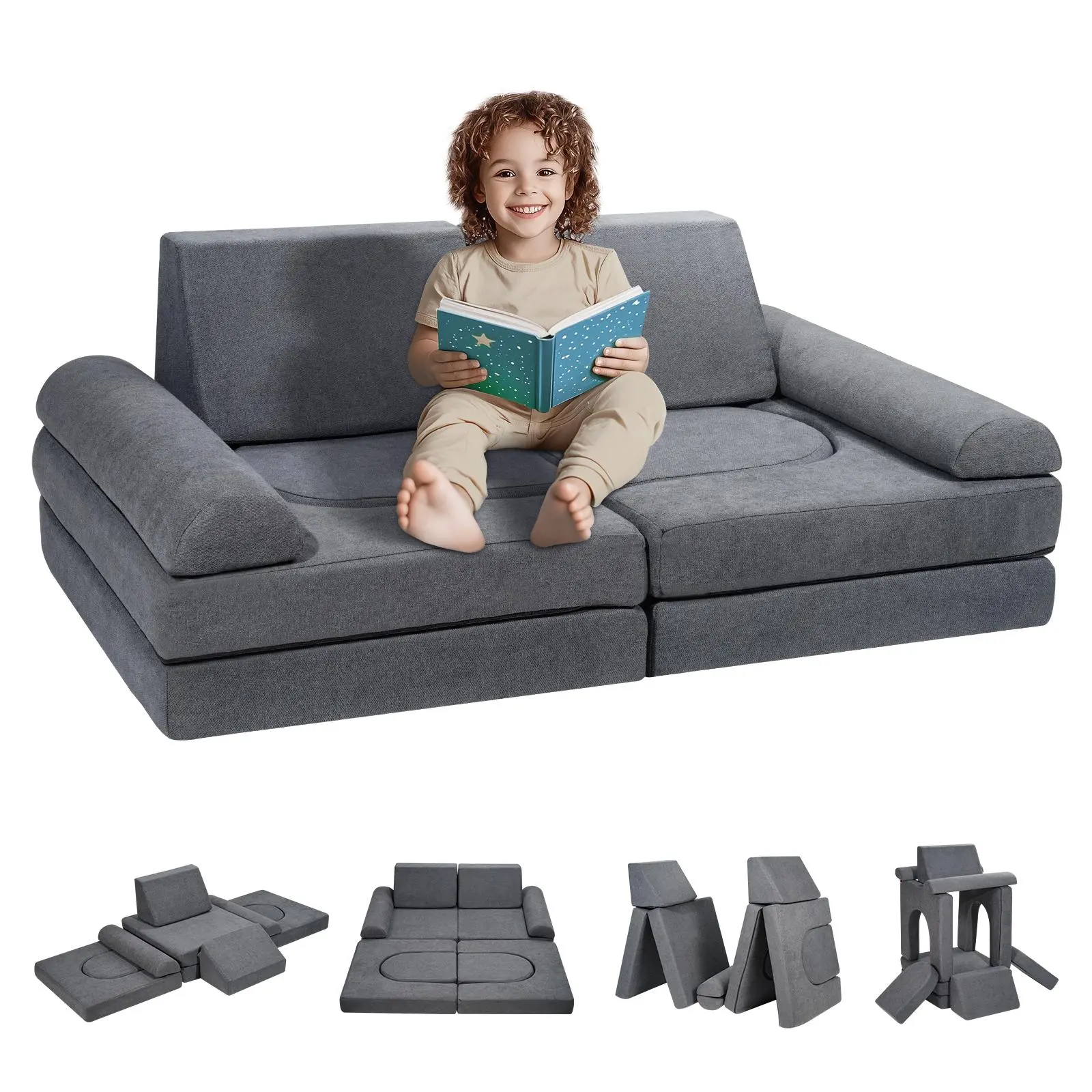【SummerFinds】VEVOR Kids Couch,  10Pcs Modular Kids Play Couch, Toddler Couch Sofa Bed, Kids Chair Seat Playroom Furniture, Kids Sofa with Removable Cover for Kids Girls & Boys, Grey