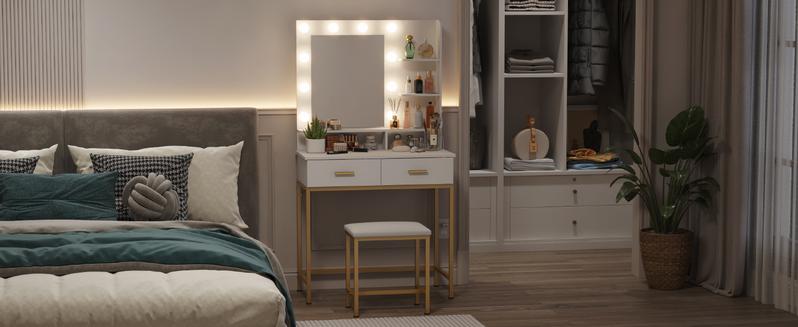 Lifewit 31.5"/35.4"/38.6" Vanity with Mirror, Adjustable Brightness, Makeup Desk with 2 Drawers & Stool for Bedroom Bathroom Makeup Room Mothers Day Gifts