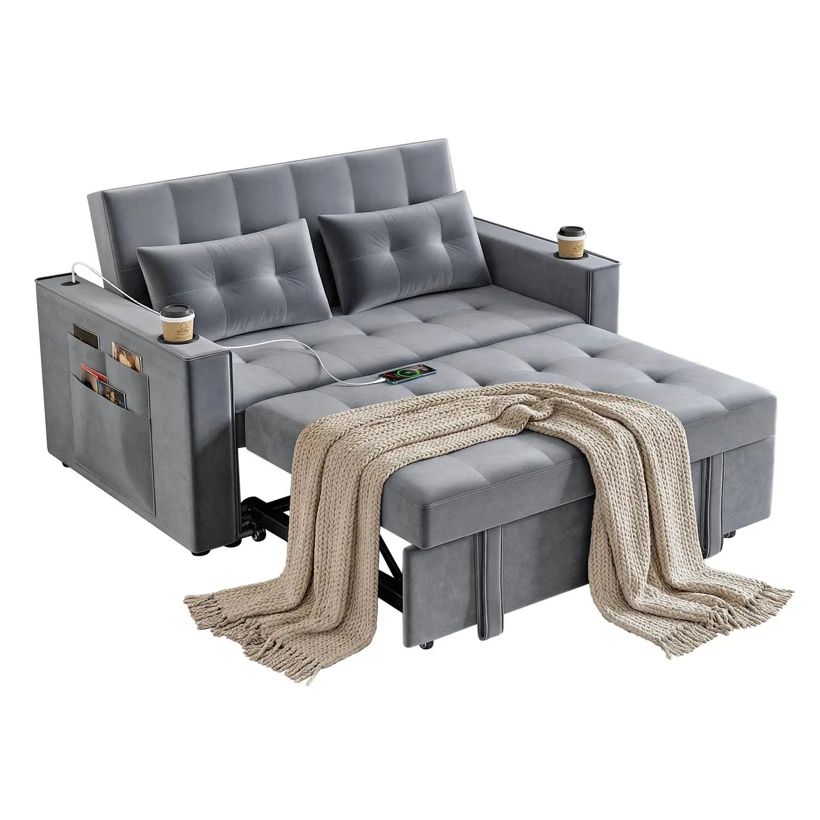 3-In-1 Convertible Sofa Bed, Velvet Loveseat Sleeper with Put Out Bed and Adjustable Backrest, Sofa Bed Couch with Cup Holders, Side Pockets, USB Ports and 2 Pillows, Grey Sofa Sleeper for Living Room