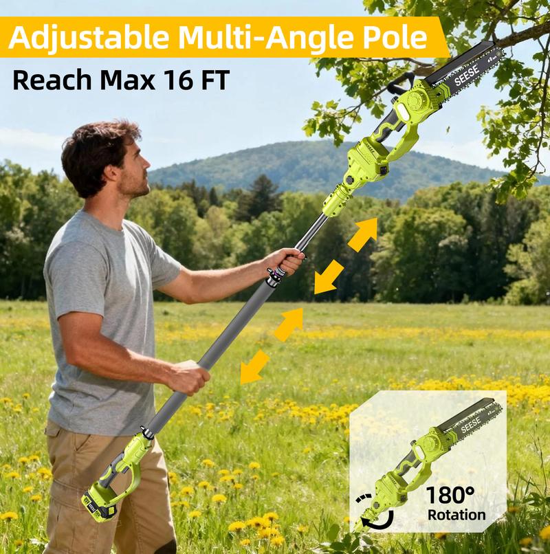 SEESE 2 in 1 Cordless Pole Saw & Mini Chainsaw with 2 Batteries, Power Electric Polesaw for Tree Trimming, Chain Saw with Detachable Extension Pole, 15ft Reach, Limb Branch Cutter Pruner