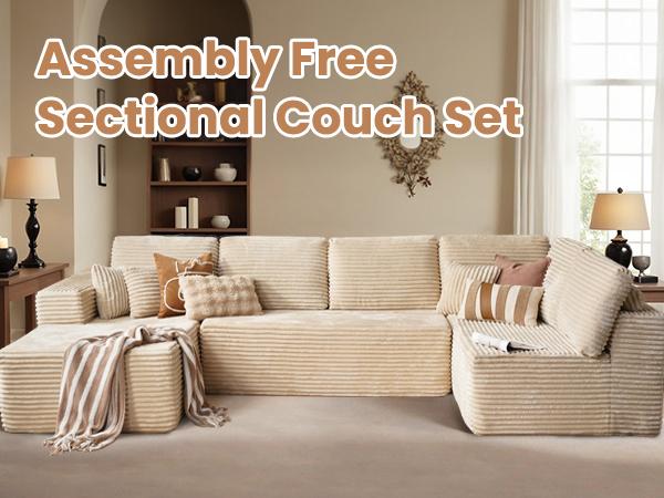【3 Packages Shipping】Ovios 133" Sectional Cloud Couch for Living Room, Modular Floor Sofa with Plush Corduroy, No Assembly Required, Big Comfy Couches Set with Fluffy Memory Foam, Stupendous U Shaped Sofas with Chaise