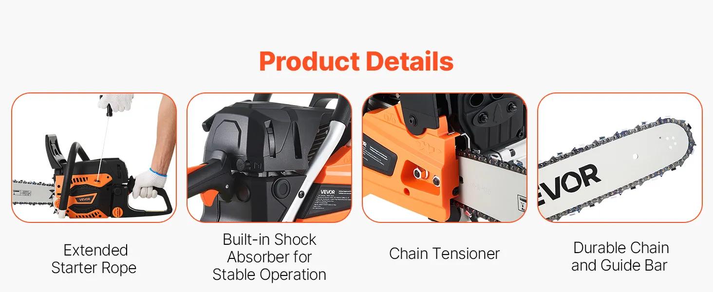 VEVOR 62 cc Gas Chainsaw 20 inch 3.8 HP Power Chain Saw with Non-Slip Handle Dual Fuel Tanks for Wood Cutting Tree Trimming Land Clearing VEVOR 62 cc Gas Chainsaw 20 inch 3.8 HP Power Chain Saw with Non-Slip Handle Dual Fuel Tanks for Wood Cutting Tree Trimming Land Clearing