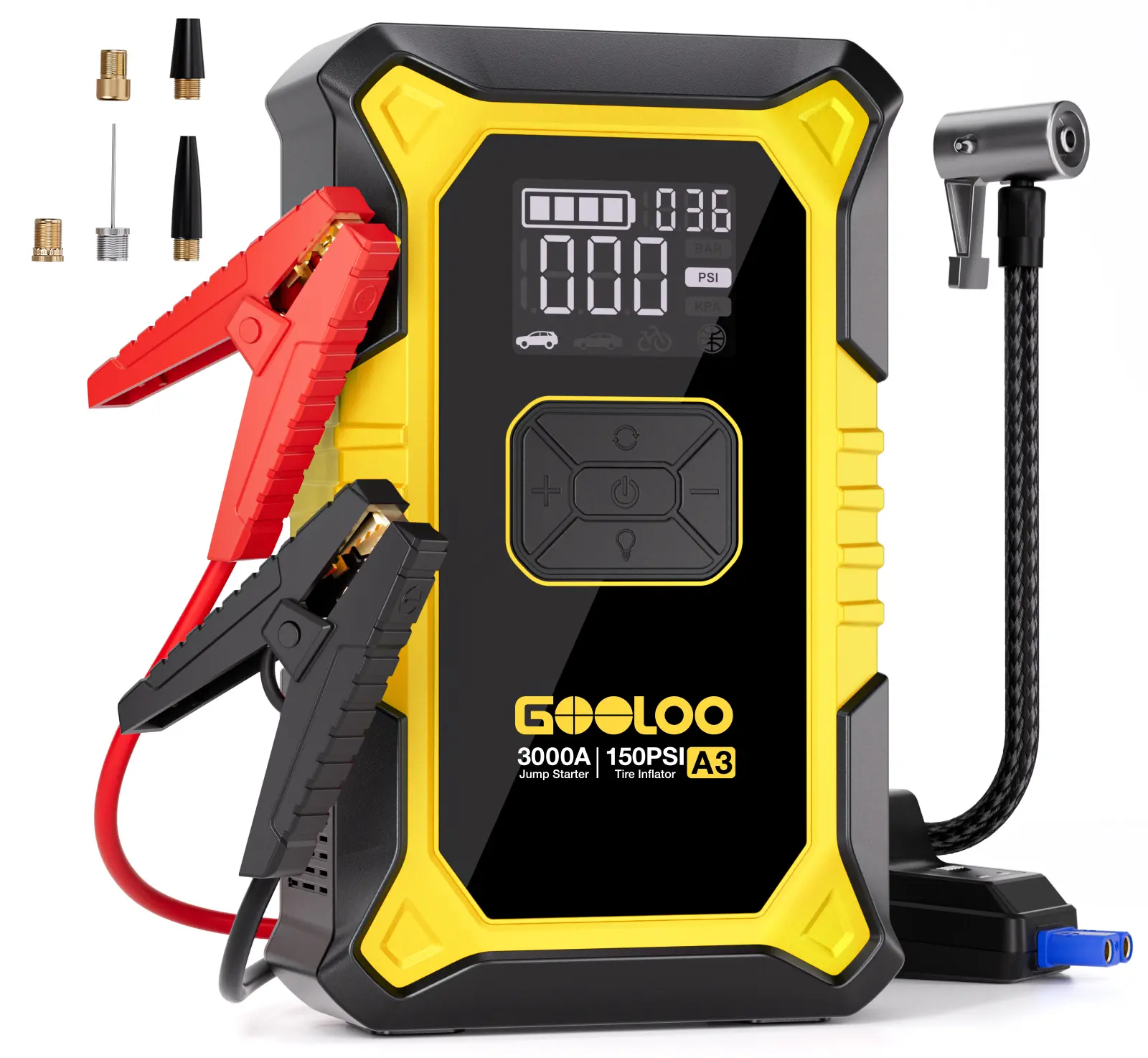 GOOLOO A3 YELLOW Jump Starter with Air Compressor, 3000A Portable Car Battery Booster (9.0 Gas/6.5L Diesel) with 150PSI Auto-Shutoff Tire Inflator. fathersdaygift,car accessories