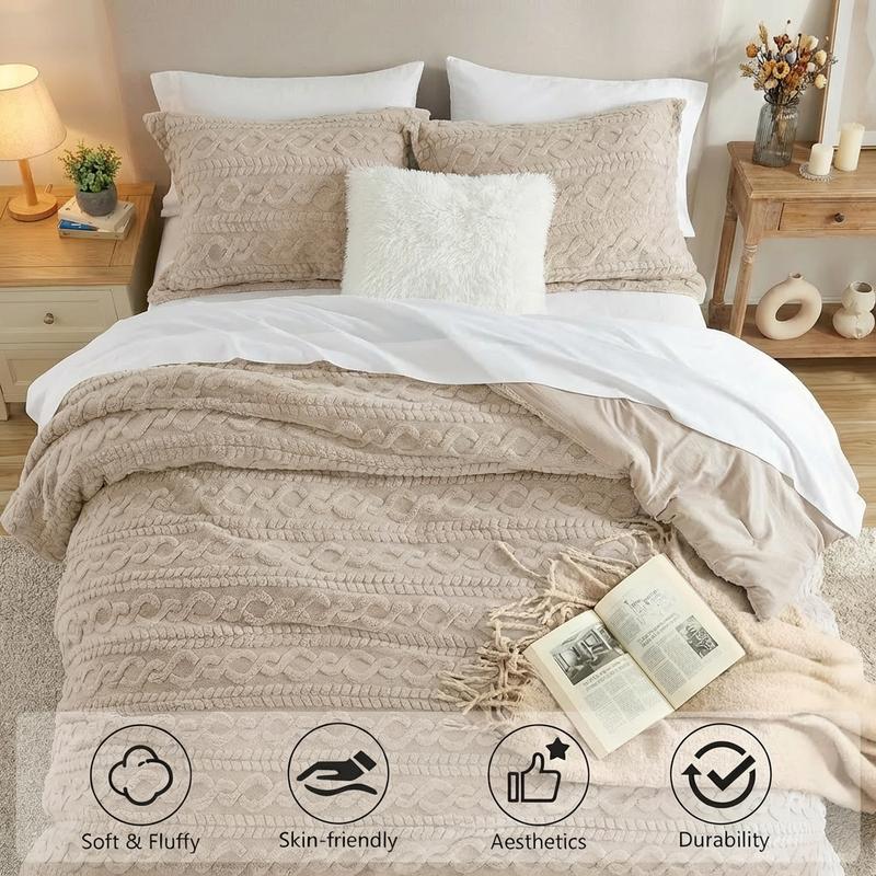HOMELIKE MOMENT Queen Size Reversible Fluffy Fleece Comforter Set Ultra Soft Cozy Machine Washable Bedding for Christmas Winter Dorm & Bedroom Decor Beige 3-Piece Set, Valentines Gifts