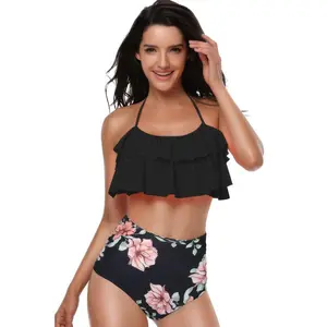 Halter Ruffle High Waisted Leaves Print Swimsuit