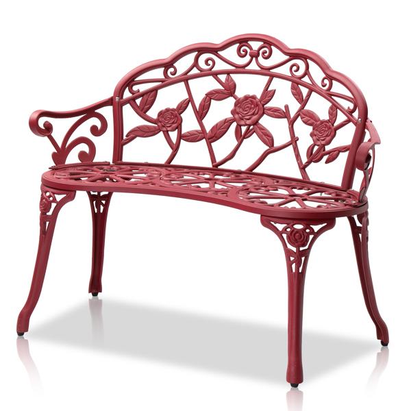 Outdoor Cast Aluminum Patio Bench for Garden Porch Antique Rose Vintage Style Weather Resistant Durable Red Finish Outdoor Cast Aluminum Patio Bench for Garden Porch Antique Rose Vintage Style Weather Resistant Durable Red Finish