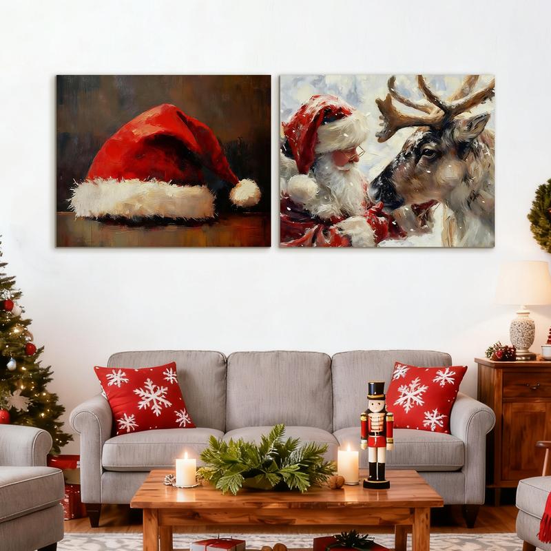 WiHoo Santa Claus Framed Vintage Christmas Canvas Wall Art Print, Rustic Winter Painting Christmas Pictures Wall Decor Christmas Gifts for Home Living Room Bedroom Decor Made in USA