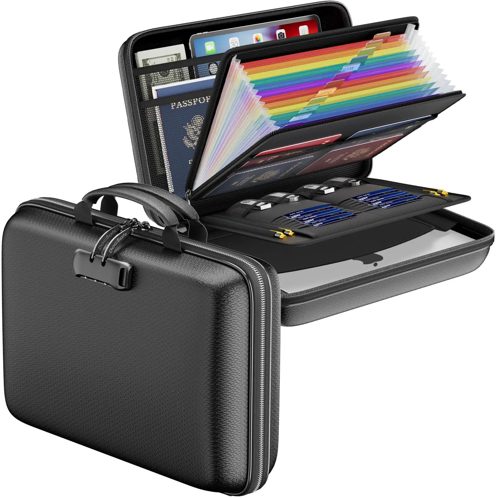 Fireproof Lockable Expanding File Folder - 13-Pocket Accordion Organizer with Hard-Shell Case, Double Metal Zipper, Portable Home & Business Storage for Important Documents, Laptop (Black)