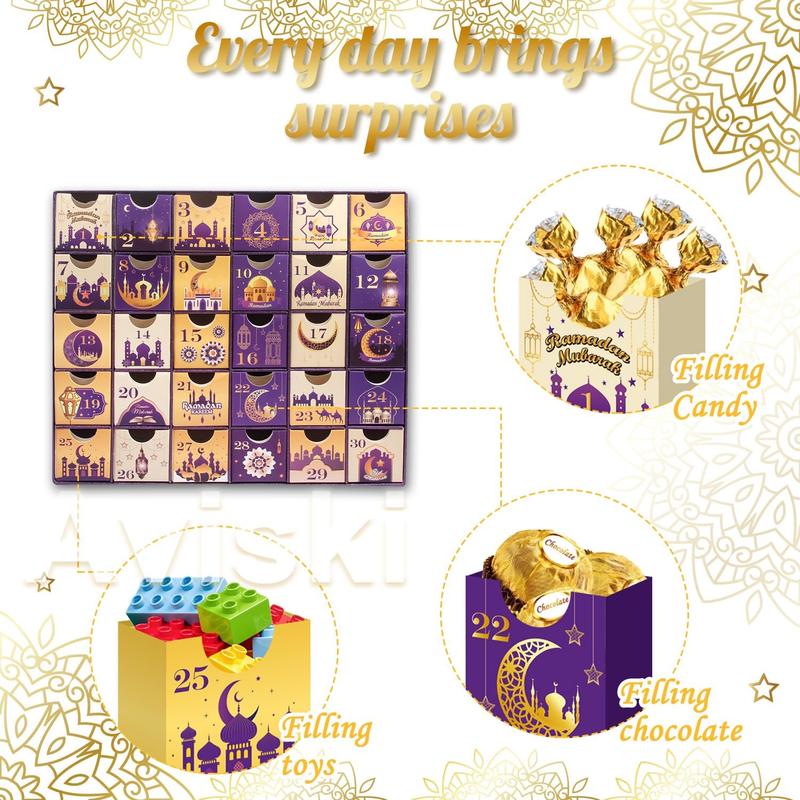 Ramadan Advent Calendar with Drawers, 30 Empty Boxes for 30 days, Eid Mubarak Coutdown Calendar Fillable Ramadan Gift, Islamic Art, Cardboard Number Storage Box, Ramadan Party Supplies - Purple