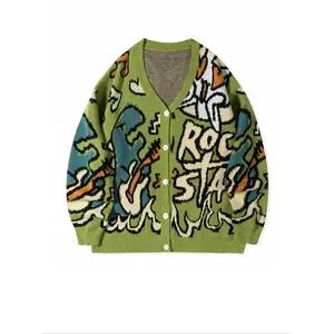 Men's Letter & Dinosaur Print Drop Shoulder Cardigan, Loose Casual Long Sleeve V Neck Button Front Knitwear for Fall & Winter, Men's Knit Clothing for Daily Wear