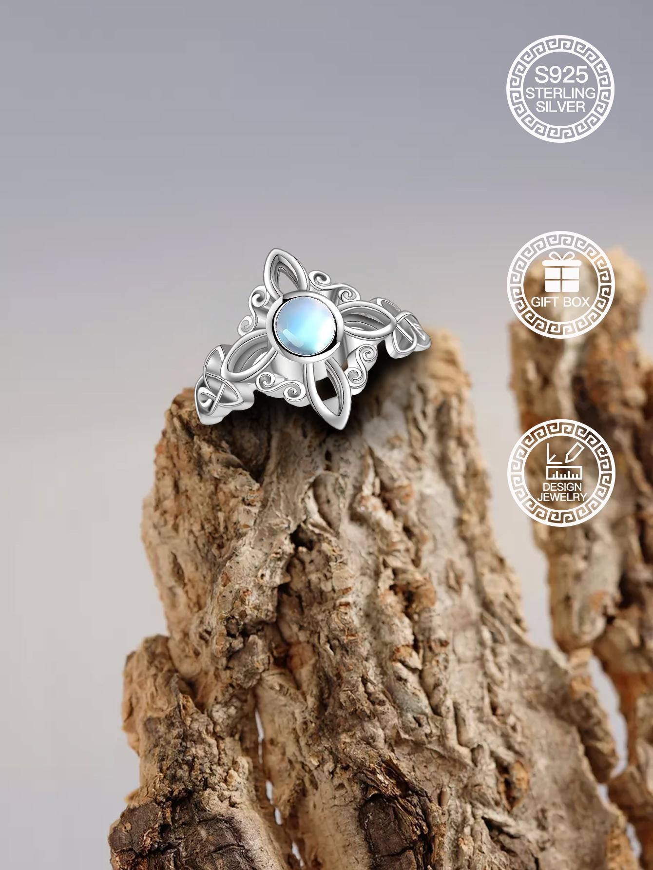 S925 Sterling Silver Celtic Knot Moonstone Ring – Elegant Vintage Floral Design for Women Jewelry Gift Box, Everyday Wear Engagement Rings