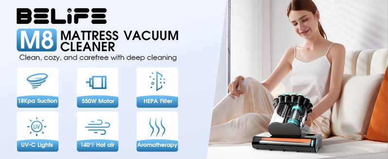Belife M8 Mattress Vacuum Cleaner, Anti-allergen Dust Mite Bed Vacuum Cleaner with Safe UV Function & Hot Air & High Heating, 550W 18Kpa Powerful Suction Double-Cup Handheld Vacuum for Bed, Couch, Sofa, Corded