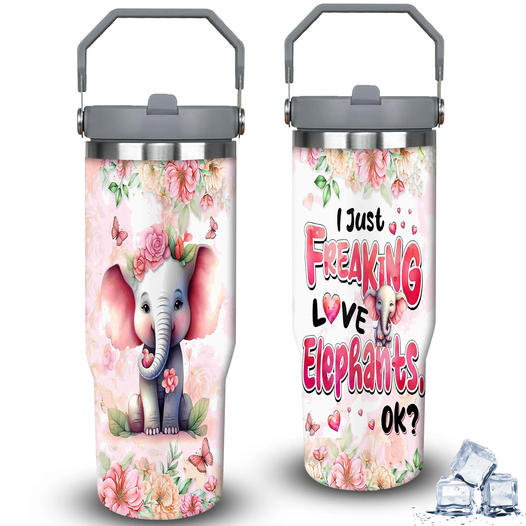 1pc 30oz Portable Floral Elephant Love Insulated Vacuum Flask Tumbler with Lid, Travel Coffee Cup, Women's Birthday Gift, Unique Kitchenware Drinkware, Flasks
