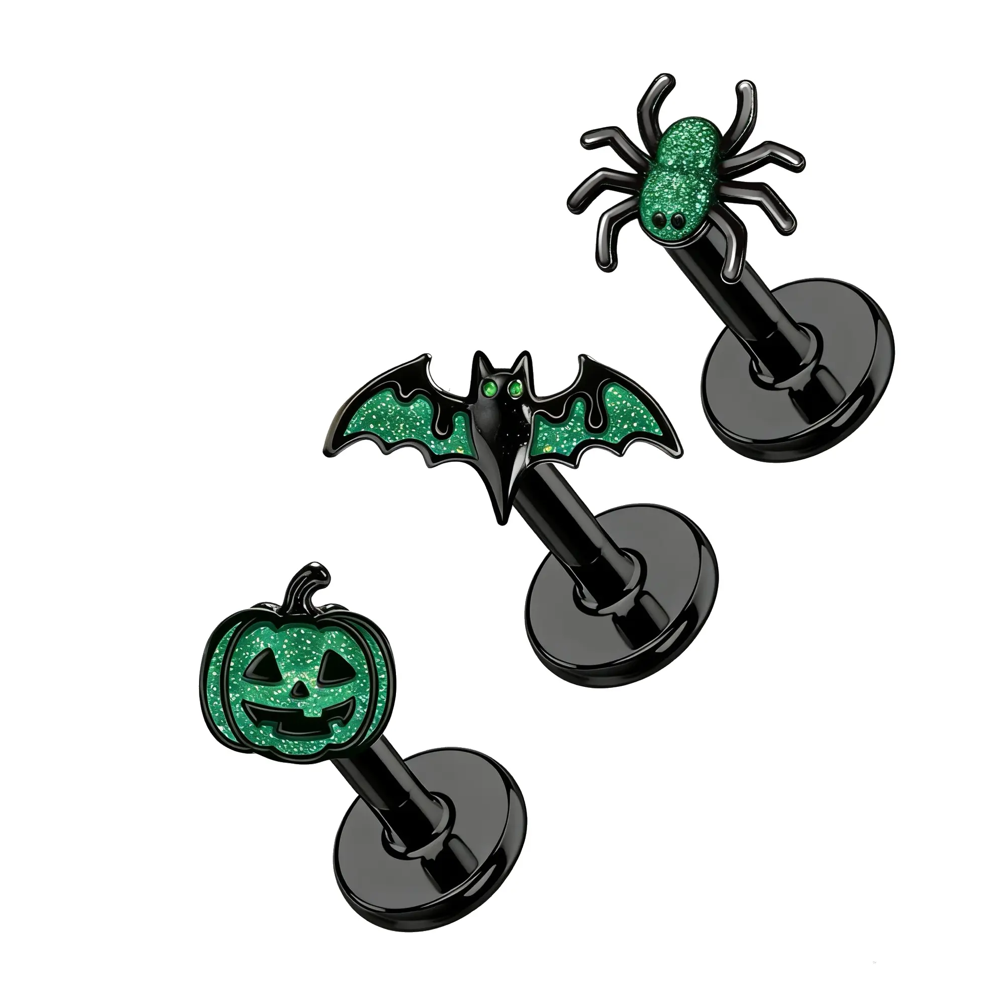 OUFER Halloween Theme Green Glitter 16G 3PCS Internally Threaded Cartilage Helix Stud Earrings