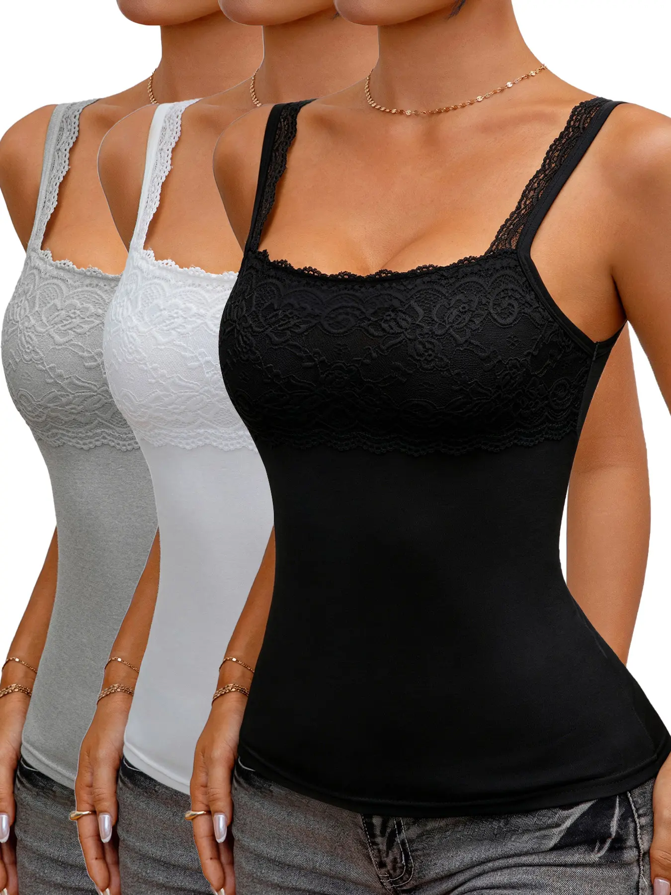 women's lace sexy square-neck stylish camisoles  slim-fit  flattering  soft cotton  breathable  versatile casual everyday tanks