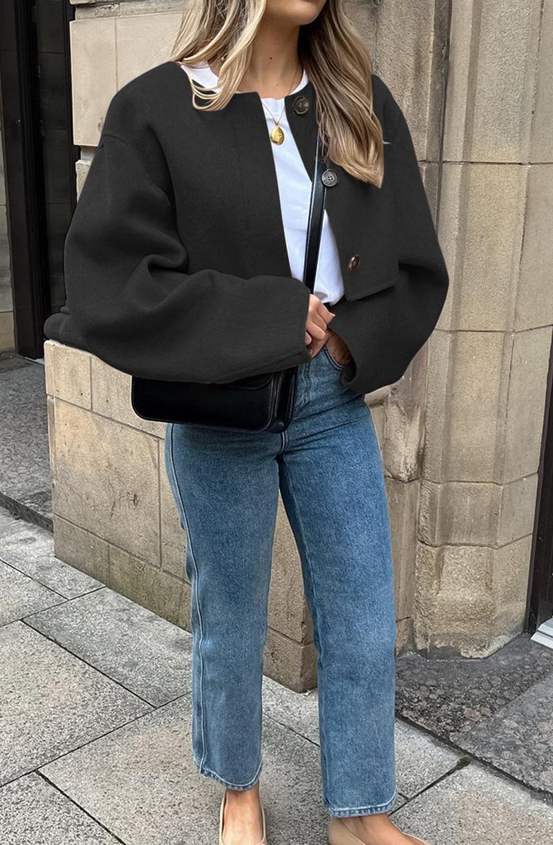 Women's Cropped Wool Blend Pea Coat Short Jacket Peacoat Long Sleeve Button-Down Crop Jacket