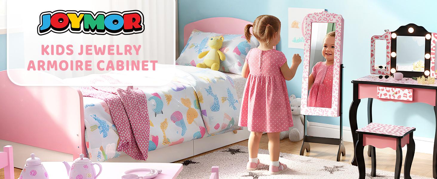 JOYMOR Kids Jewelry Cabinet, Leopard Print Jewelry Box for Girls with Full-Length Mirror, Kids Jewelry Armoire with Storage Drawers (Pink)